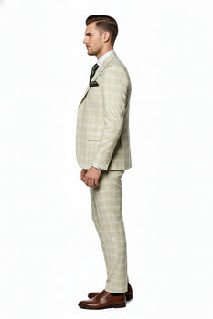 Men’s Light Beige Check 3-Piece Suit Set – Premium Tailored Fit Formal Wedding and Spring Event Suit Light Tan Sand Color By Rossiman