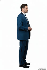 Men’s Teal Blue Tuxedo – 3-Piece Formal Suit with Satin Shawl Lapel, Vest, and Pants in Saphire Cobalt Blue Color