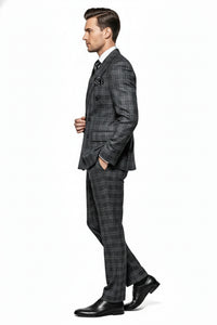 Men’s Charcoal Plaid Double-Breasted Suit –  Tailored Pants Windowpane Pattern By Rossiman