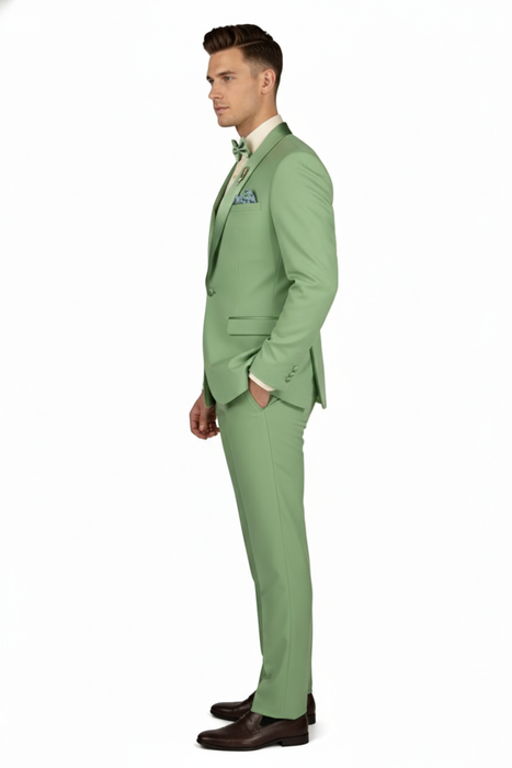 Men’s Mint Green Tuxedo – 2-Piece Formal Suit with Satin Shawl Lapel and Matching Bow Tie in  Sage Green