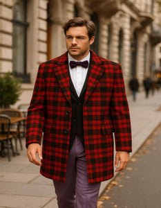 Tartan New Year Christmas Holiday Men’s Red and Black Plaid Wool Overcoat – Tartan Texture Fabric Christmas Carcoat