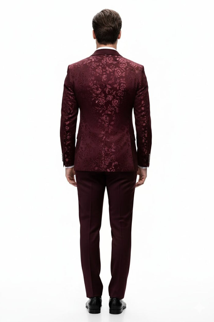 Men’s Burgundy Floral Jacquard Tuxedo Dinner Jacket – Paisley Velvet Lapel Formal Wear for Wedding and Prom