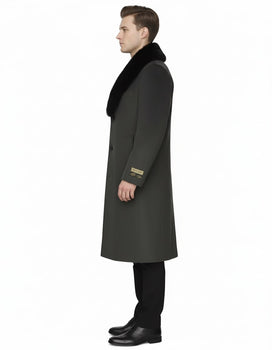 Mens Full Length Olive Overcoat with Black Fur Collar – Luxury Wool Fabric Winter Long Coat in Hunter Green - Image 3
