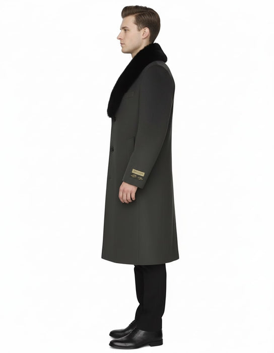 Mens Full Length Olive Overcoat with Black Fur Collar – Luxury Wool Fabric Winter Long Coat in Hunter Green