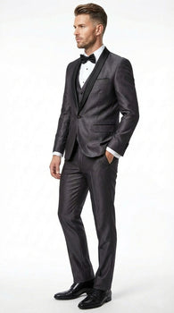 Men’s Shiny Sateen Charcoal Gray Tuxedo 3 Piece Suit with Black Shawl Lapel | Formal Wedding Prom Suit Sharkskin