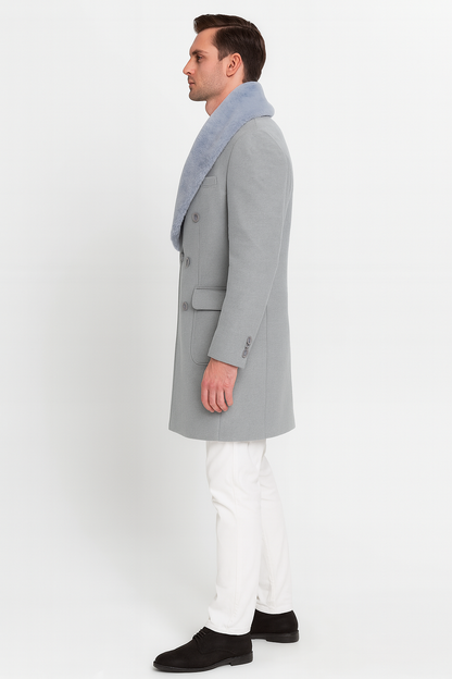 Men’s Light Grey Double Breasted Overcoat with Faux Fur Shawl Collar – Winter Luxury Coat Wool Fabric