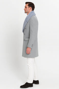 Men’s Light Grey Double Breasted Overcoat with Faux Fur Shawl Collar – Winter Luxury Coat Wool Fabric