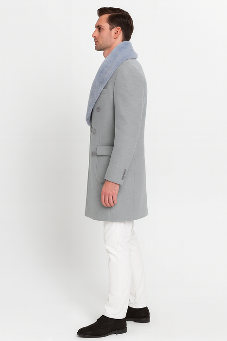 Men’s Light Grey Double Breasted Overcoat with Faux Fur Shawl Collar – Winter Luxury Coat Wool Fabric