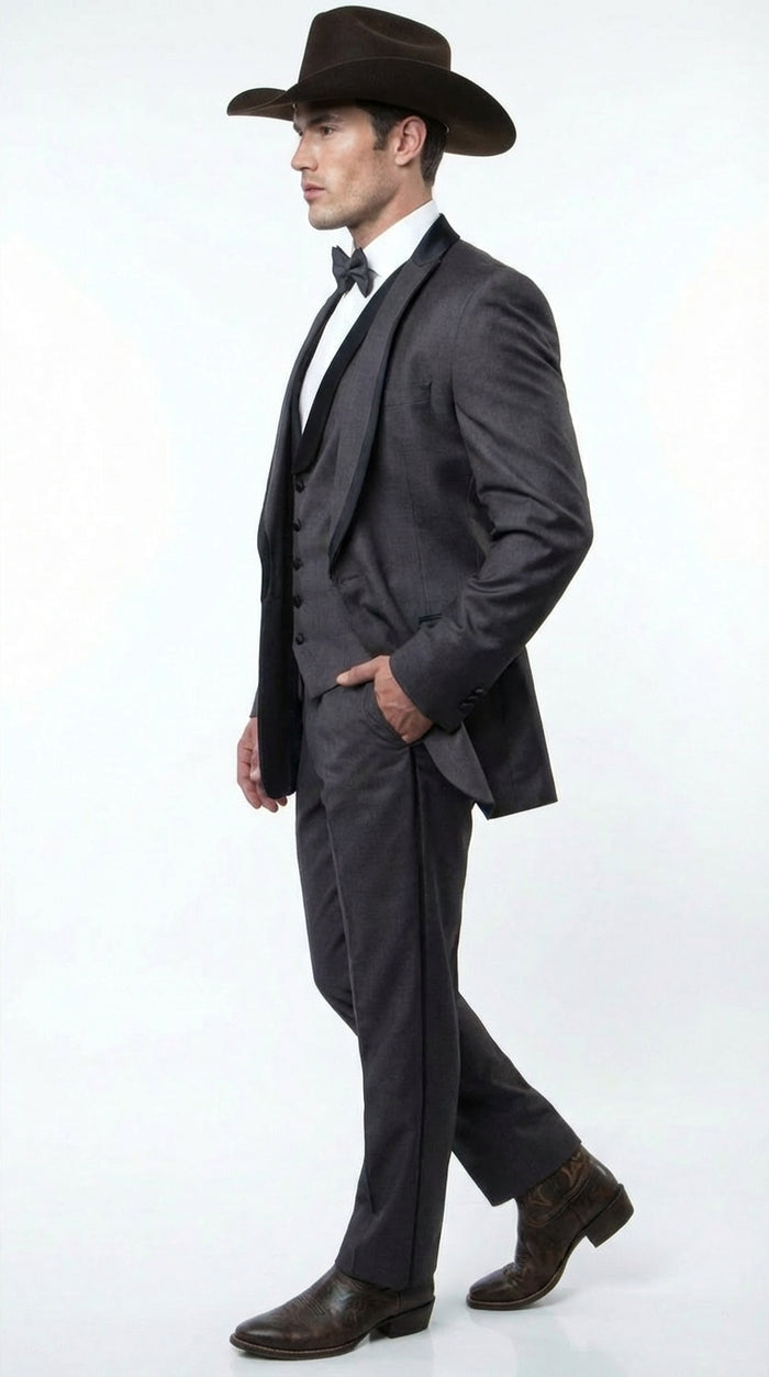 Charcoal Gray Western Tuxedo for Men | Classic Three Piece Formal Wedding and Evening Cowboy Tuxedo Suit With Trim Peak Lapel - Image 5