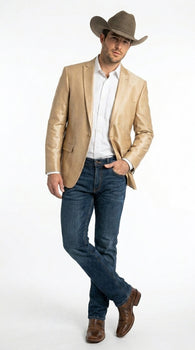 Men’s Champagne Gold Western Blazer, Formal Cowboy Wedding Ranch Sport Coat Jacket tan beige color sheen sharkskin fabric