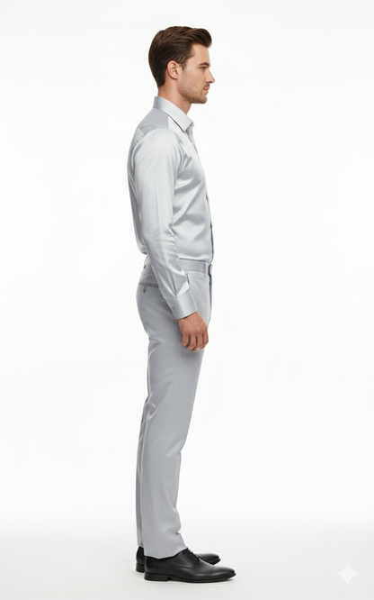 Men’s Silver Satin Dress Shirt  – Luxury Slim Fit Outfit for Parties, Weddings, and Formal Events