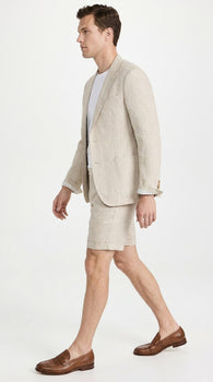 Men’s Tan Linen Suit with Shorts, 2 Piece Summer Short Suit, Casual Beach Wedding Outfit