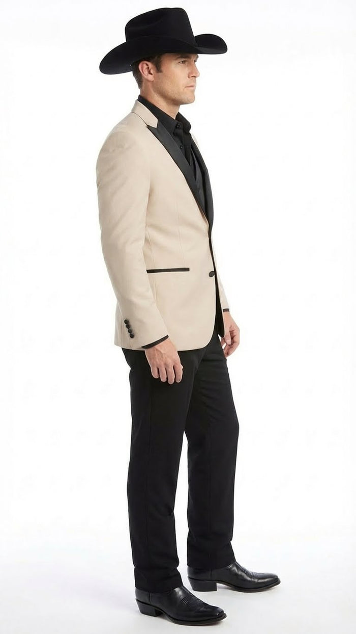 Men's Light Tan and Black Lapel Western Tuxedo Suit Set Wedding Party Cowboy Dress Tuxedo Black Pants - Image 3