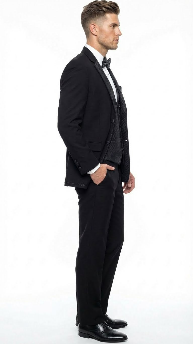 Men's Black Vested Tuxedo Suit with Patterned Lapel – Classic Formal Suit for Wedding, Party and Evening Events - Image 3