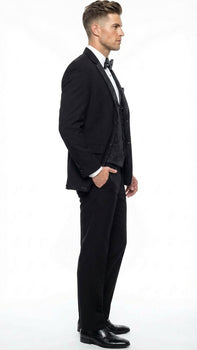 Men's Black Vested Tuxedo Suit with Patterned Lapel – Classic Formal Suit for Wedding, Party and Evening Events - Image 3
