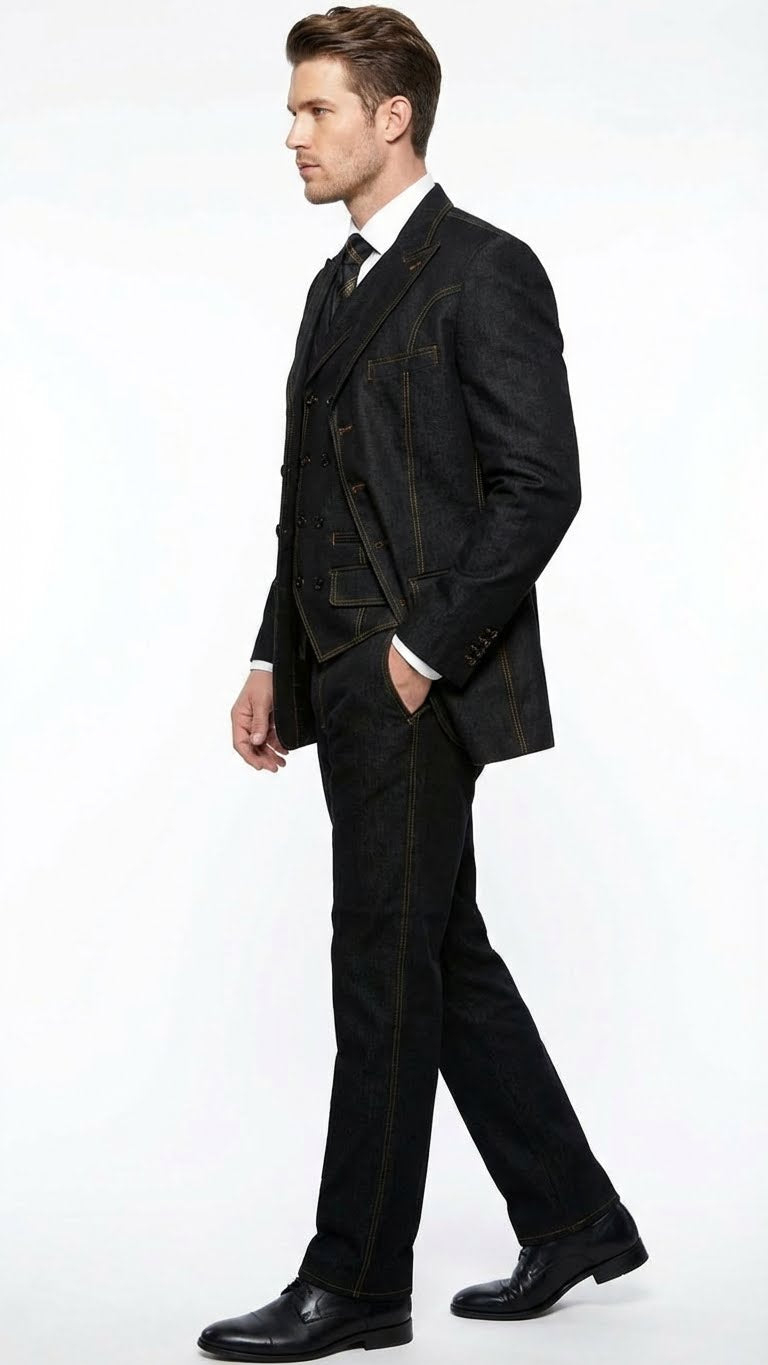 Men's Black Denim Fabric Suit – Classic Three Piece Denim Suit for Wedding, Prom and Church Wear - Image 3