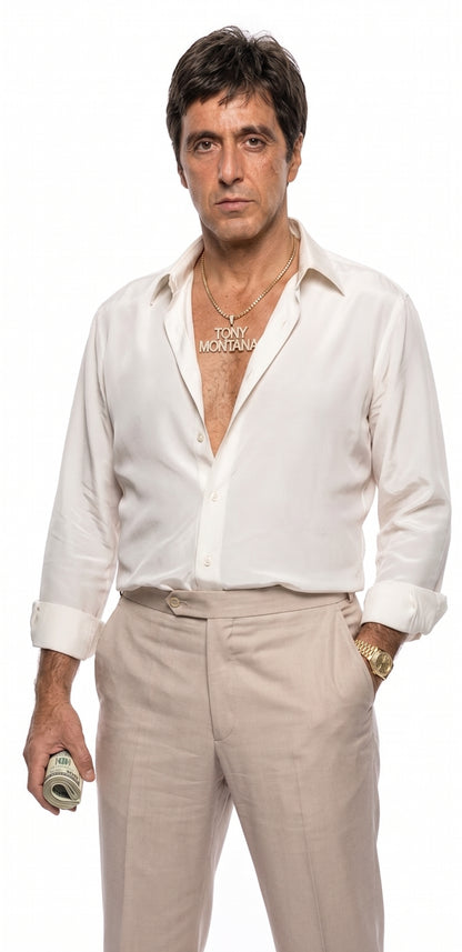 Tony Montana’s White Linen Shirt and Tan Pants – Men’s White Formal Shirt with Tan Trousers for Party, Wedding and Vintage Style Outfit