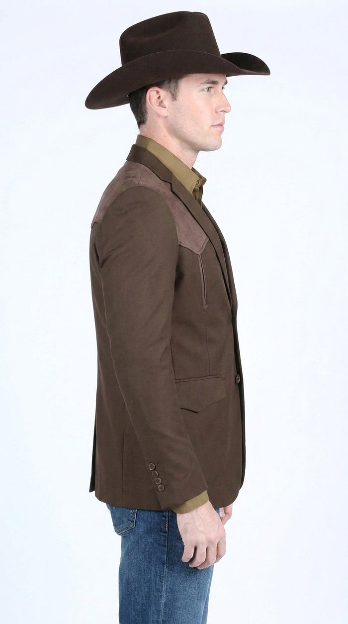 Men’s Dark Brown Western Blazer with Suede Yoke – Cowboy Sport Coat with Western Shoulder Details