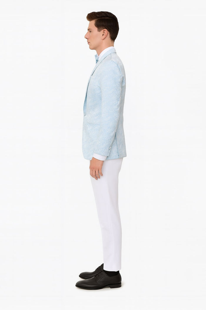 Mens Light Blue Paisley Tuxedo Jacket with Matching Bow Tie – Slim Fit Blazer for Weddings, Prom, and Formal Events - Image 3