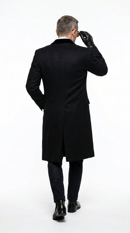 Men’s Black Double Breasted Overcoat, James Bond Inspired Long Formal Coat for Weddings, Business Events, Parties, and Winter Occasions