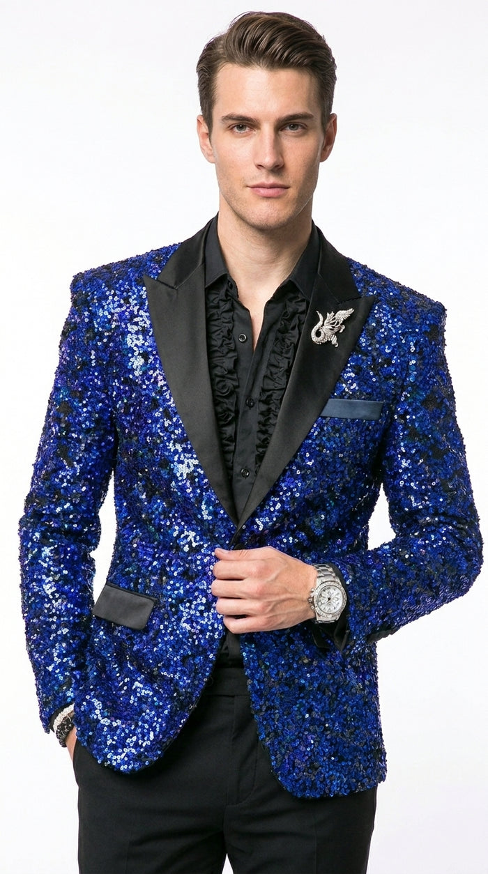 Men’s Blue Sequin Sparkle Blazer Jacket with Black Satin Lapel, Party Prom Wedding Dinner Coat