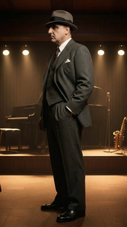 Al Capone Men’s Charcoal Gray Stripe 3-Piece Gangster Style Suit – 1920s Jazz Club Inspired Formal Suit Outfit - Image 3