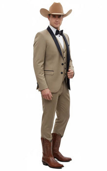Men’s Western Cowboy Suit – 3-Piece Tan Tuxedo with Black Lapel, Vest, and Pants Beige  Color