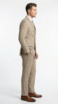 Vinci Men’s Beige Plaid Double Breasted Suit – Classic Checkered Formal Suit Set in Tan Color Windowpane Checkered Pattern