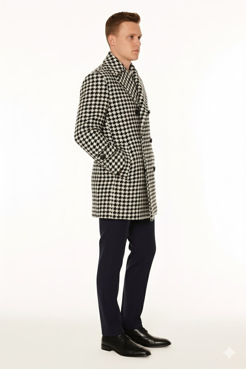 Mens Houndstooth Double-Breasted Overcoats – Classic Black and White Wool Blend Peacoat Wool Fabric - Image 3