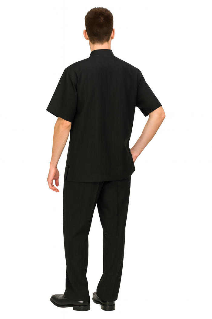 Men’s Black Banded Collar Walking Suit – Short Sleeve Shirt and Matching Pants Banded Collar Linen Fabric