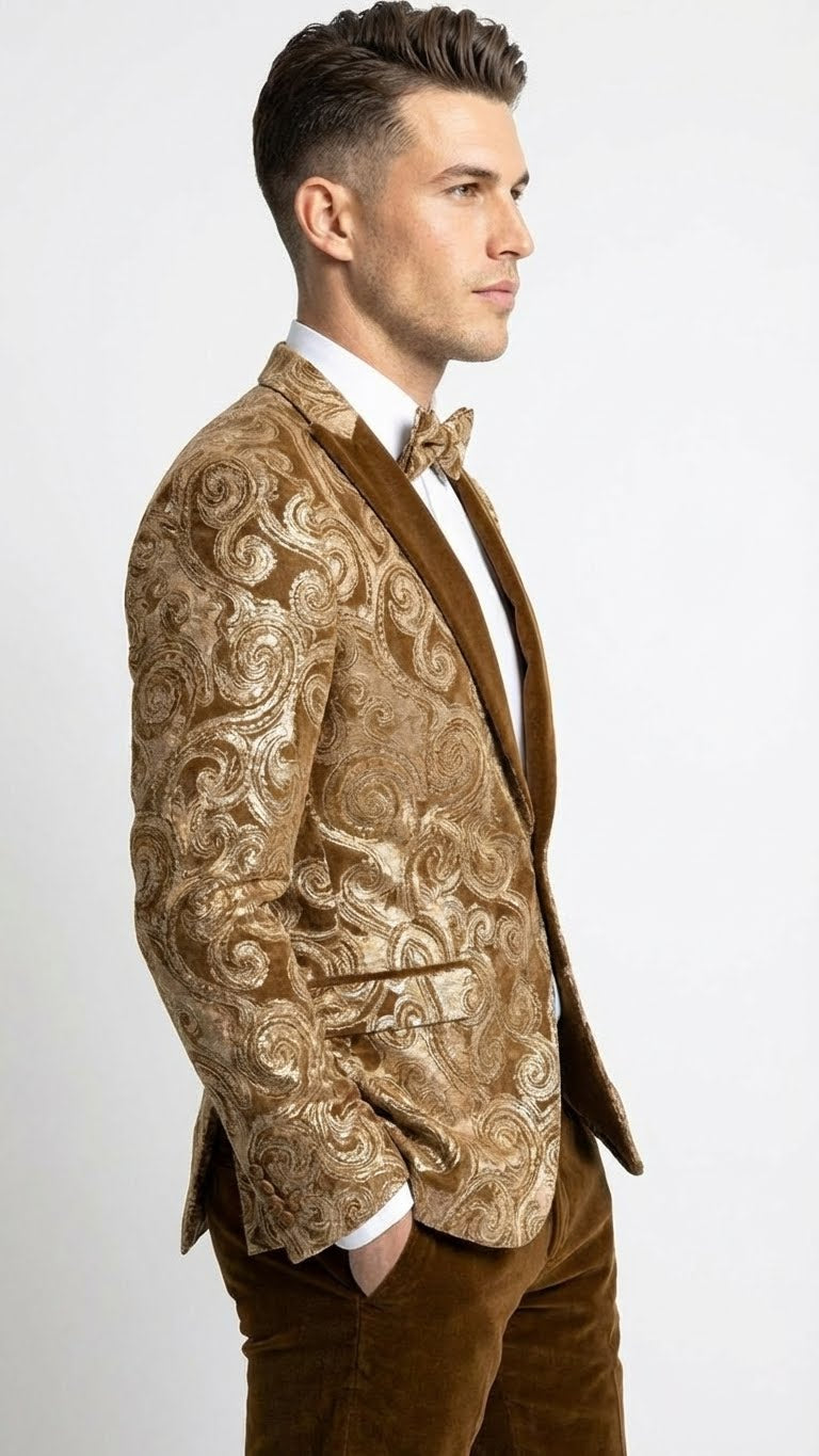 Men’s Brown Tuxedo dinner Jacket Blazer – Jacket for Formal Paisley Pattern Coffee Mocca Color + Bowtie