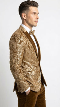 Men’s Brown Tuxedo dinner Jacket Blazer – Jacket for Formal Paisley Pattern Coffee Mocca Color + Bowtie