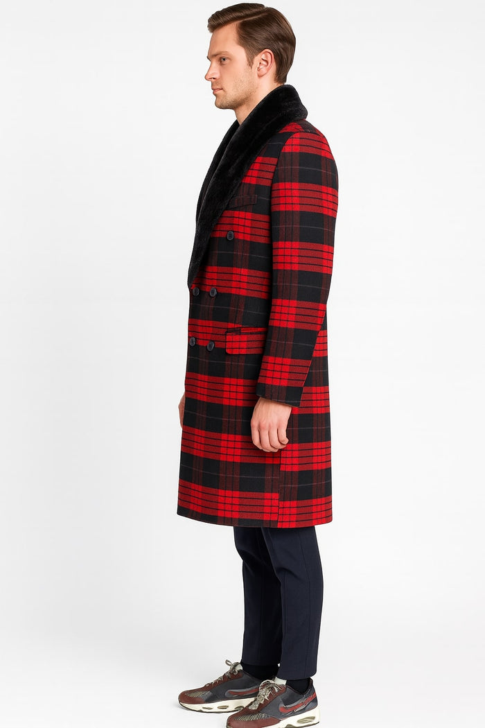 Mens Red and Black Plaid Wool Overcoat with Black Faux Fur Shawl Collar – Double-Breasted Winter Coat - Tartan Design