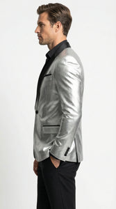 Men’s Shiny Silver Blazer with Black Lapel – Luxury Metallic Formal Jacket for Party, Evening and Special Events