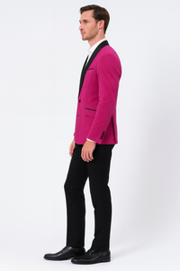 Men’s Fuchsia Tuxedo Blazer with Black Satin Lapel – Stylish Party and Wedding Jacket in Hot Pink Color with Black Pants
