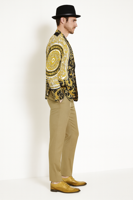 Men’s Black and Gold Baroque Blazer with Matching Pants, Hat, and Shoes – Luxury Party and Wedding Outfit Set