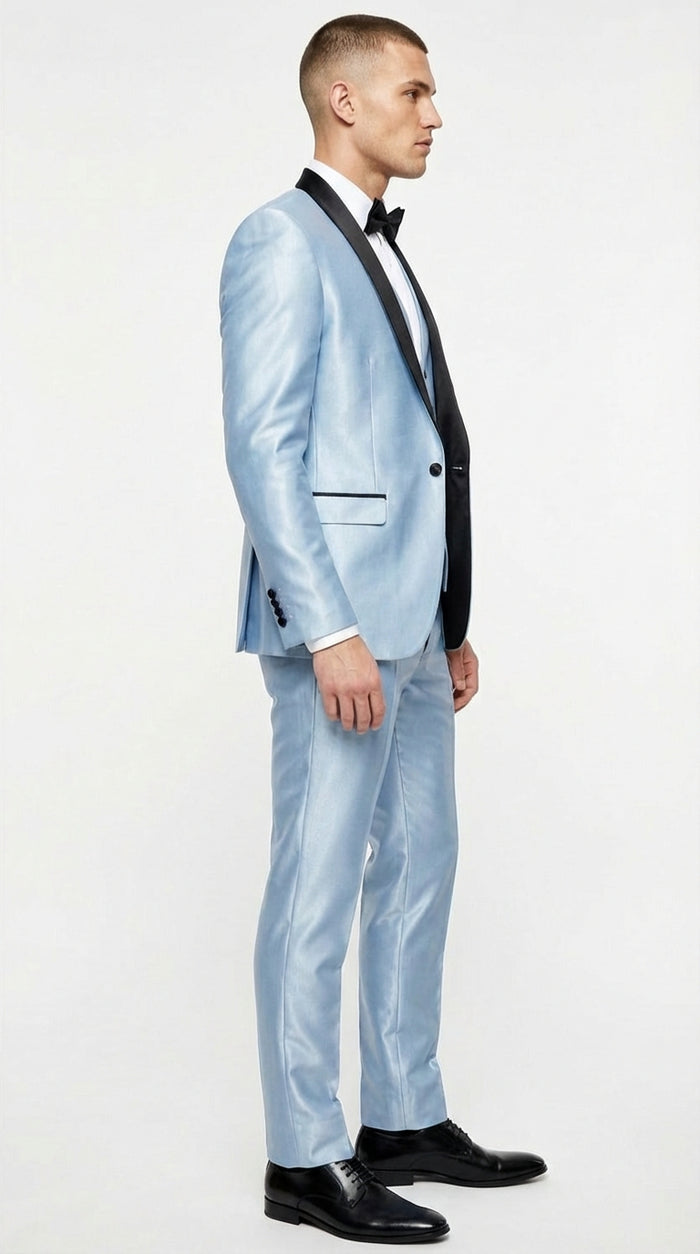 Men’s Light Blue Shiny 3 Piece Suit with Black Shawl Lapel | Formal Wedding Prom Suit - Sateen Sharskin Suit Modern Fit