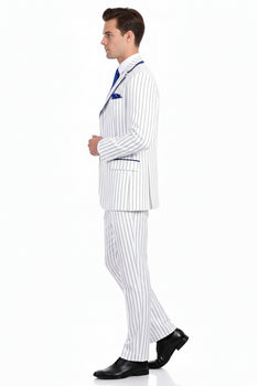 Men’s White and Royal Blue Pinstripe 3-Piece Suit – Classic Fit Blazer with Vest, Pants, and Tie