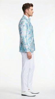 Men’s Light Blue Floral Jacquard Tuxedo Jacket with Matching Bow Tie | Formal Prom Wedding Blazer + Bowtie Turqoise Aqua Color