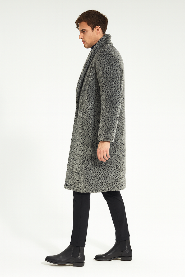 Men’s Luxury Long Grey Faux Fur Coat – Winter Overcoat with Animal Print Design