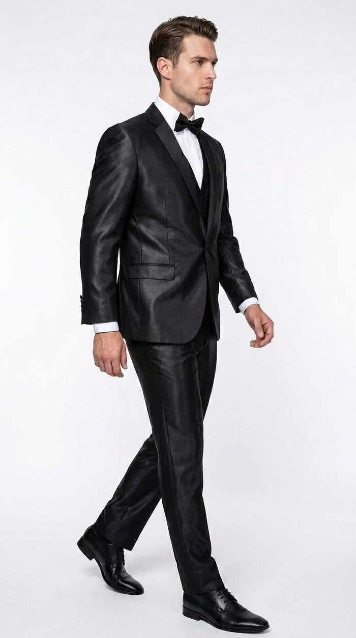 Men’s Black Two Tone Vested Wool Suit with 2 Button Jacket and Black Lapel, Italian Tuxedo Style