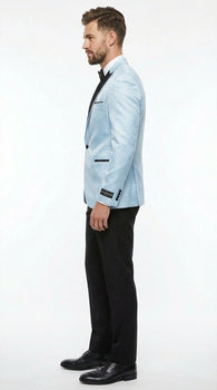 Men’s Baby Blue Tuxedo Blazer with Black Lapel – Formal Dinner Jacket for Wedding, Prom and Evening Events  in Sky Light Blue Color