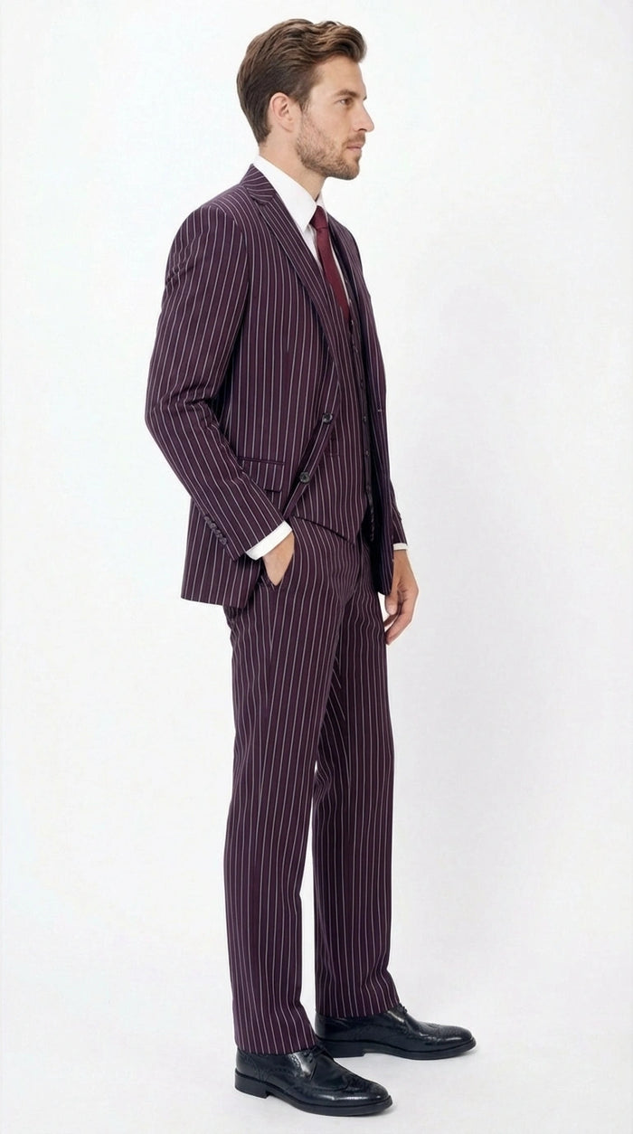 Men’s Plum Eggplant Pinstripe 3 Piece Suit – Burgundy Purple Formal Suit  Gangster 1920s Mafia Pimp Suit Modern Fit