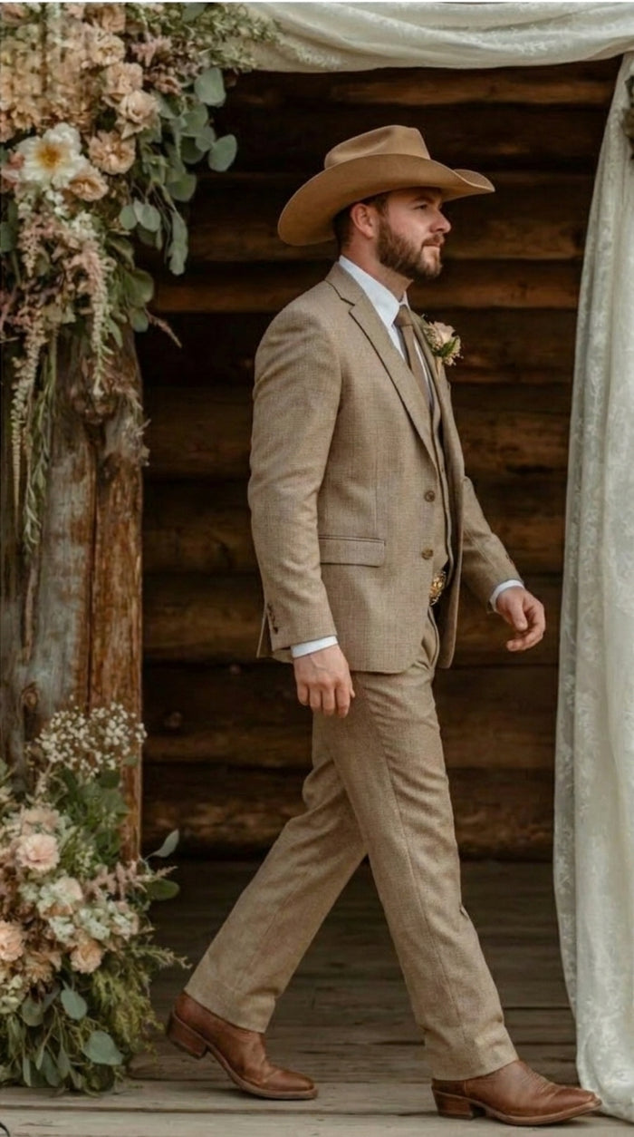 Mens Sharkskin Dark Taupe Tan with sheen Western 3 Piece Suit – Classic Country Style Blazer Vest Pants Set, Formal Cowboy Suit Outfit