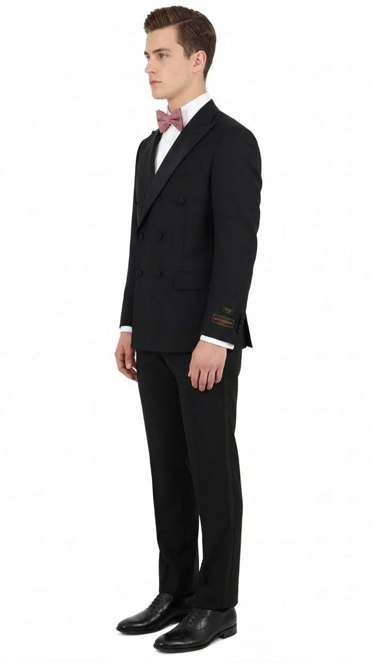 Tiglio Brand 100% Wool Super 150s Italian fabric Men’s Classic Black Double-Breasted Tuxedo with Satin Peak Lapel – Formal Wedding & Gala Suit Set