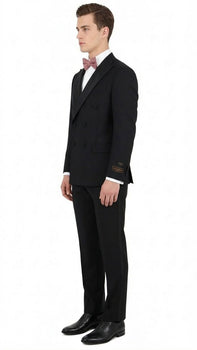 Tiglio Brand 100% Wool Super 150s Italian fabric Men’s Classic Black Double-Breasted Tuxedo with Satin Peak Lapel – Formal Wedding & Gala Suit Set