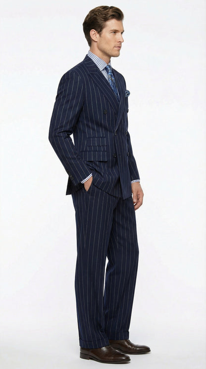 Men's Navy Blue Double Breasted Pinstripe Suit – Modern Fit