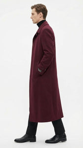 Men’s Full-Length Burgundy Overcoat – Microfiber 4 season fabric  Long Formal Coat with Classic Tailored Maxi Duster Coat