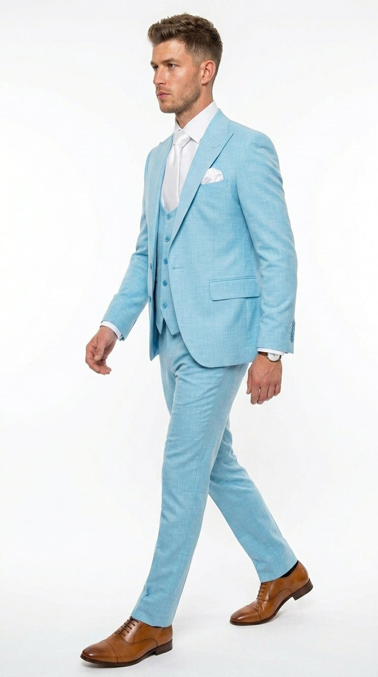 Men’s Turquoise Light blue Suit, Vested Formal Dress Suit for Weddings, Prom, Summer Parties, and Special Occasions in Aqua Blue Color By Rossiman Modern Fit