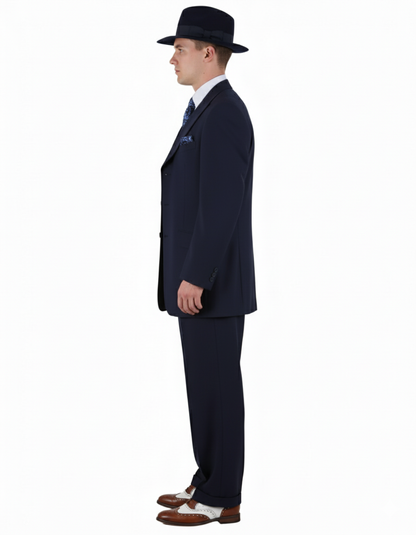 Men’s 1920s Navy Blue Zoot Suit – Classic Gangster 3-Piece Long  - Classic Fit Pleated Pants